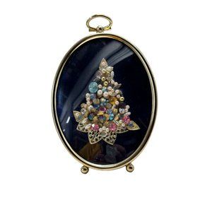 Vintage Gold Faux Oval Small Picture Frame Embellished with Vintage Jewelry Tree